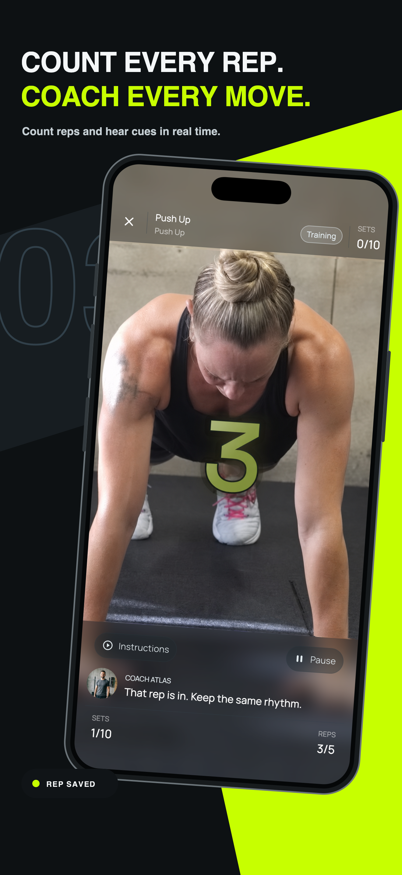 RepWise AI counting a push-up and delivering a live coach cue on iPhone