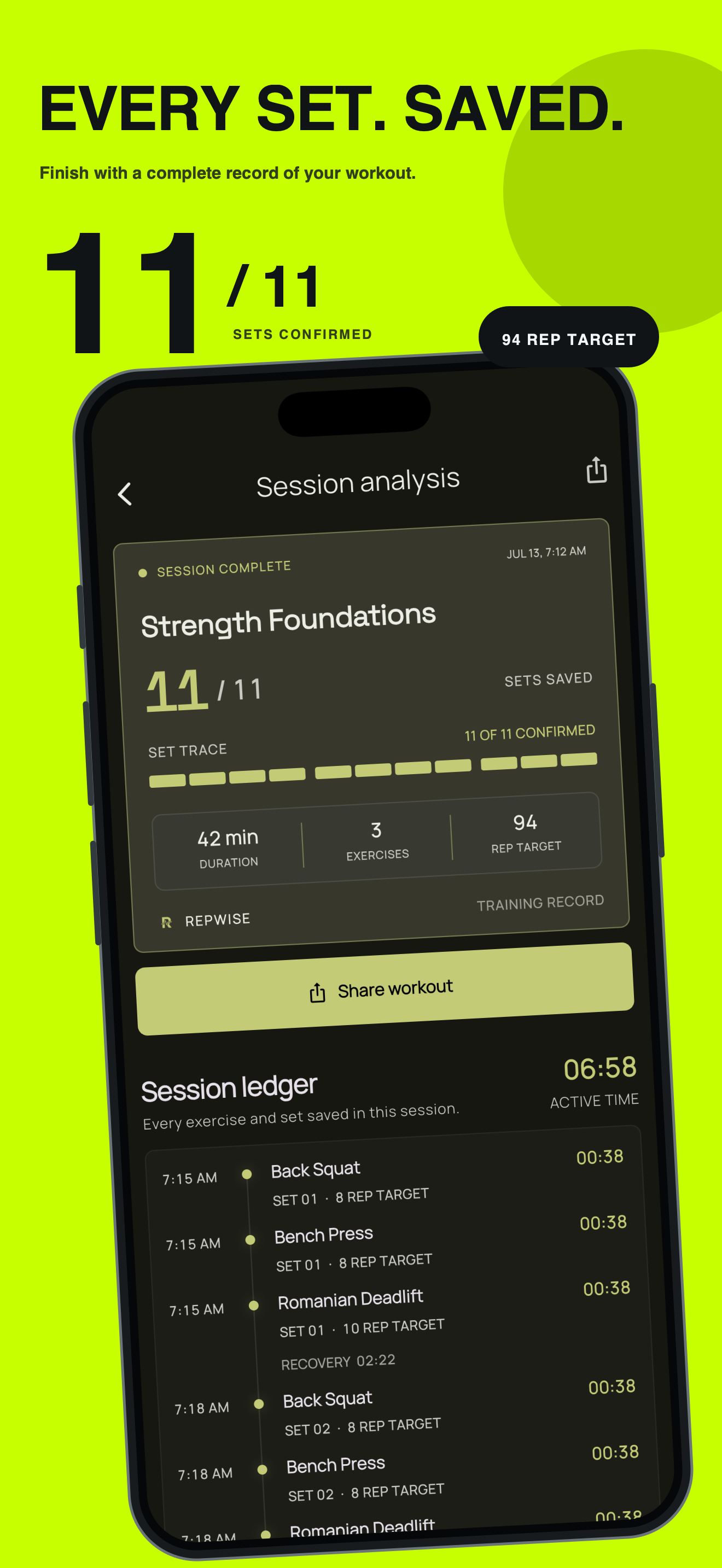 RepWise AI training record on iPhone